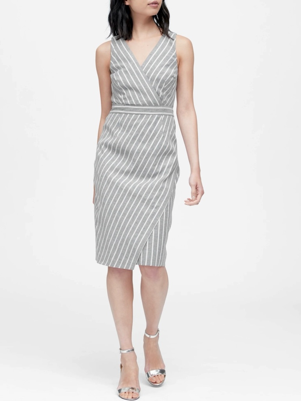 NWT Banana Republic Faux Wrap Sheath Dress Linen Cotton Gray & White Stripe 12